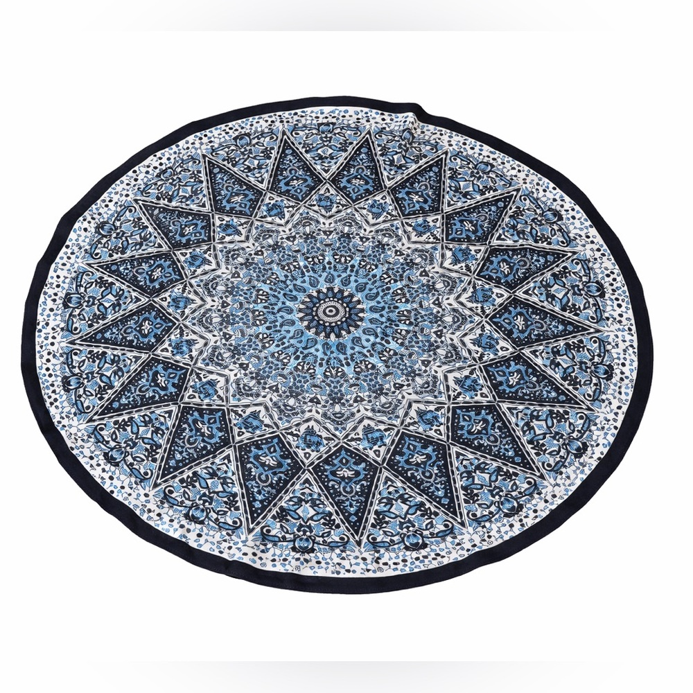 Round Blue Mandala Beach Towel in blue and black print